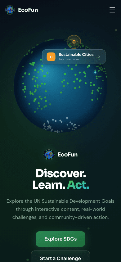 EcoFun homepage — interactive globe with SDG hotspots and Discover. Learn. Act. headline
