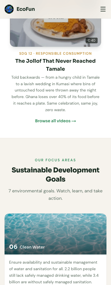 EcoFun SDG focus areas — Clean Water and Clean Energy goal cards