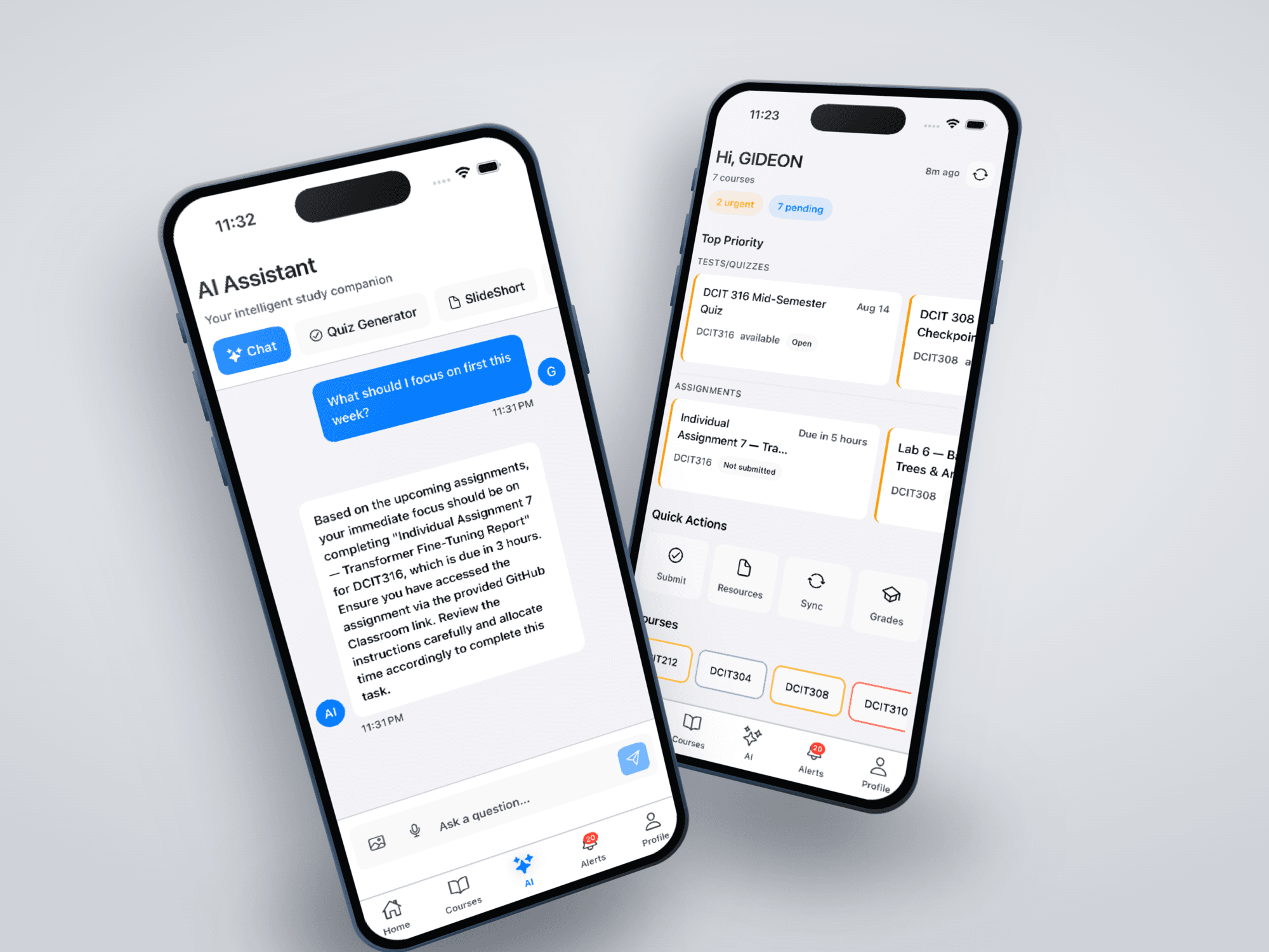 DueSoon running on two iPhones. One shows the AI Assistant answering 'What should I focus on first this week?' with a ranked explanation; the other shows the home screen with two urgent items, seven pending, and top-priority quizzes and assignments listed by due date.